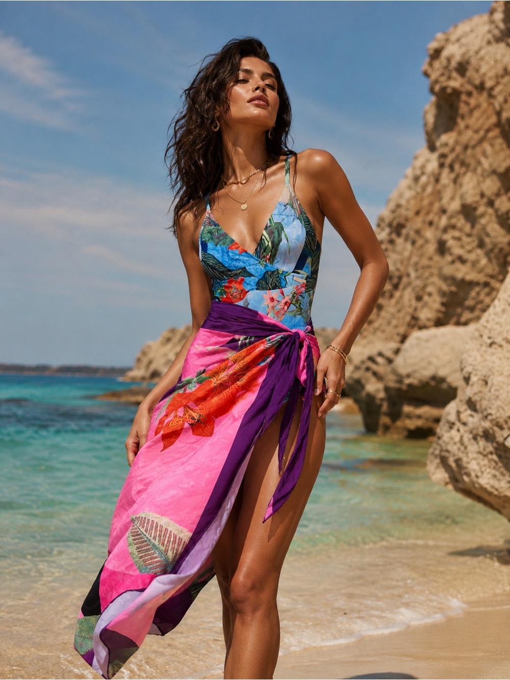 Urban Lux Tropical Wrap Swim Cover-Up Sarong Set Floral Beachwear NWT Size S